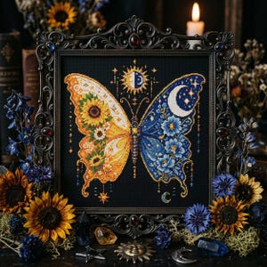 May include: Cross-stitch art of a butterfly, one wing with sunflowers, the other with a moon and stars. The artwork is framed in a decorative black frame, surrounded by sunflowers and crystals.