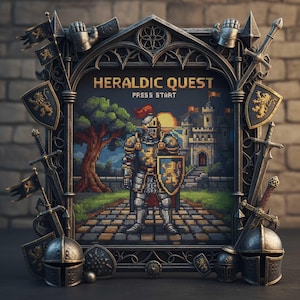 Könnte beinhalten: Gerahmtes Pixelkunstbild mit dem Text "HERALDIC QUEST PRESS START". Das Bild zeigt einen Ritter in Rüstung, eine Burg und einen Sonnenuntergang. Der Rahmen ist mit Schwertern, Schilden und Helmen im mittelalterlichen Stil verziert.