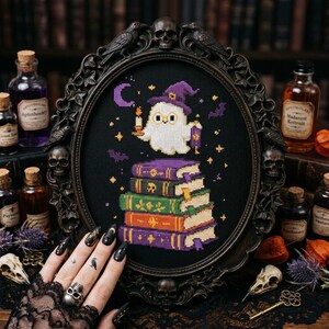 May include: A cross-stitch embroidery on black fabric featuring a white ghost wearing a purple hat and glasses, holding a candle and a book, floating above a stack of five colorful books. The piece is encased in an ornate, dark oval frame.