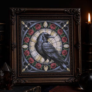 Dark Gothic Stained Glass Raven Cross Stitch Pattern Roses Raven Embroidery Gothic Crow Spooky Bird Witchy Fantasy Halloween Cross Stitch
