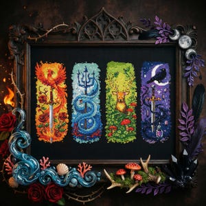 May include: A framed cross-stitch artwork featuring four vertical panels with fantasy themes. The panels depict a phoenix, a serpent, a deer, and a raven, each with a sword. The artwork is framed in a dark, ornate frame with decorative elements.