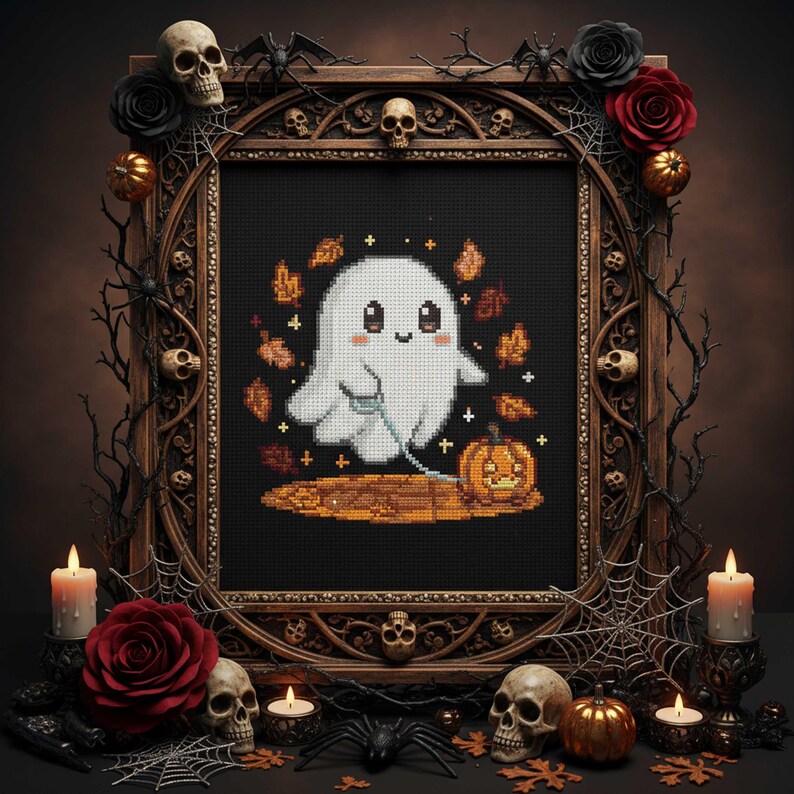 Cute Ghost Pumpkin Cross Stitch Pattern: Kawaii Halloween Embroidery ...
