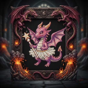Puede incluir: Un diseño de punto de cruz de un dragón rosa con tutú y varita de estrella. El dragón está enmarcado por un borde oscuro y ornamentado con dos dragones adicionales y un paisaje volcánico.