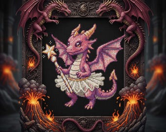 Fairy Dragon Cross Stitch Pattern Cute Purple Dragon Embroidery PDF Fantasy Ballet Skirt and Magic Wand Design