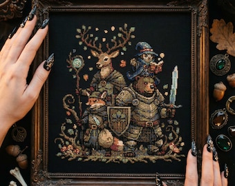 May include: Cross-stitch artwork in a dark wooden frame, depicting a deer, fox, bear, and owl in medieval attire. The characters are holding a sword, shield, and staff. The background is black, and the artwork features detailed stitching and autumnal colours.