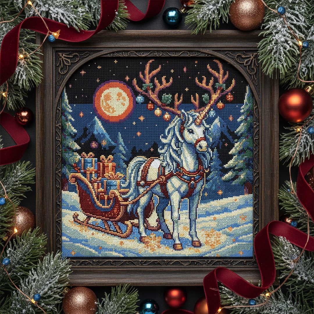 Christmas Reindeer Sleigh Cross Stitch Pattern: Magical Winter Forest ...