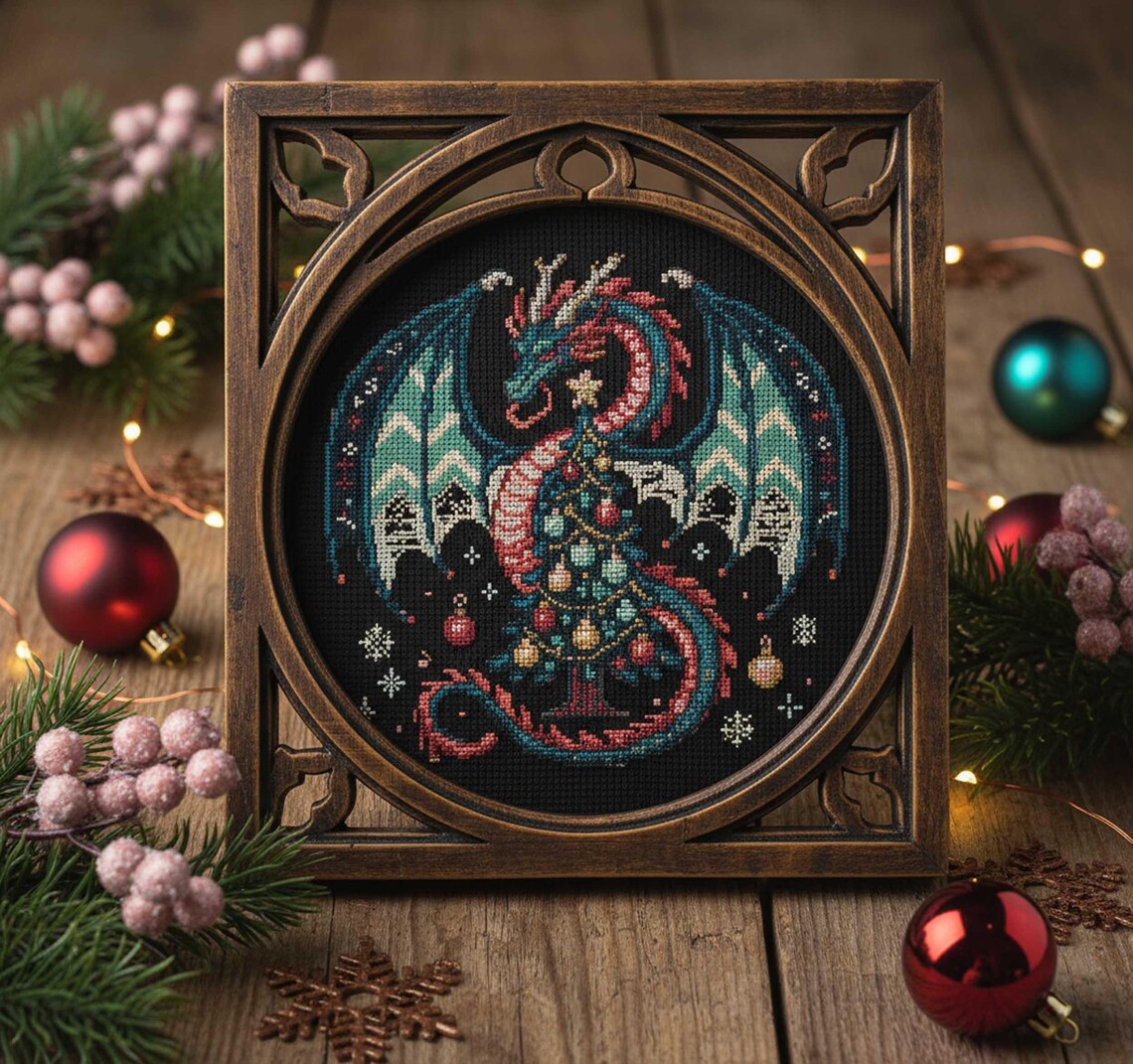 Christmas Dragon Cross Stitch Pattern Gothic Fantasy Dragon With Tree ...