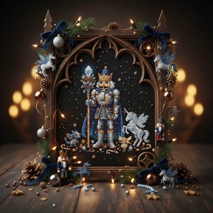 May include: A framed Christmas-themed artwork featuring a pixelated nutcracker soldier with a crown and scepter, surrounded by unicorns, stars, and festive decorations. The frame is adorned with fairy lights, pinecones, and blue ribbons, creating a whimsical holiday scene.