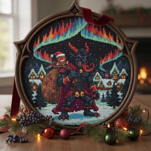 May include: Cross-stitch artwork in a dark wooden frame featuring a Krampus-like figure with a gingerbread man in a Santa hat. The background shows a snowy village under the aurora borealis. A red ribbon is attached to the frame.