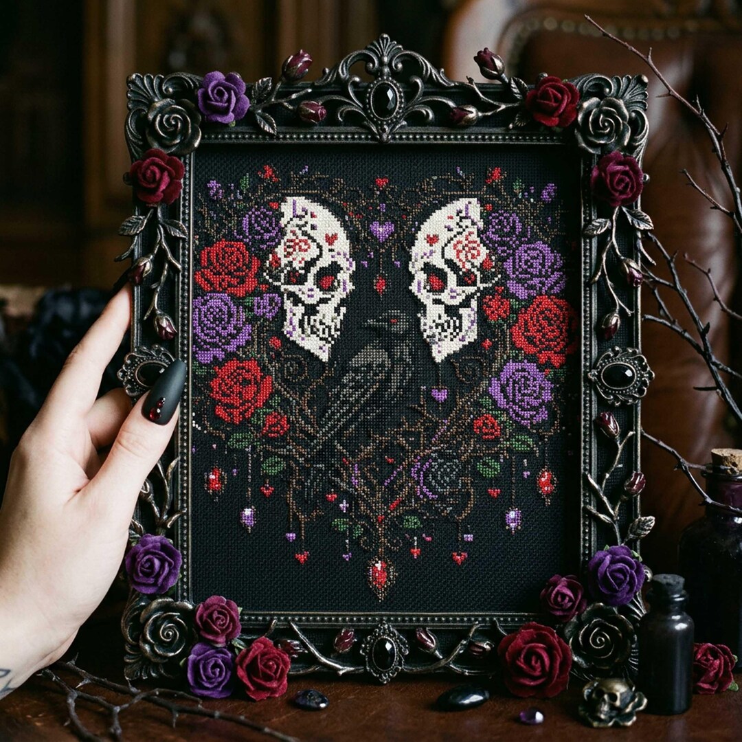 Gothic Raven and Skull Heart Cross Stitch Pattern: Red and Purple Roses ...