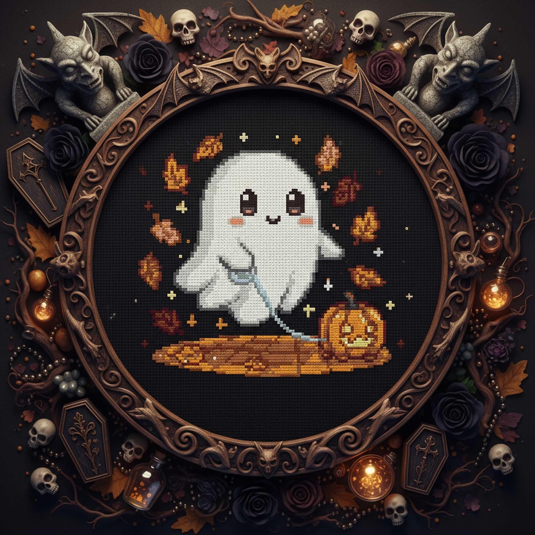 Cute Ghost Pumpkin Cross Stitch Pattern: Kawaii Halloween Embroidery ...