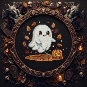 以下が含まれることがあります： ハロウィーンをテーマにしたクロスステッチのデザイン。カボチャを引っ張るフレンドリーなゴーストが描かれています。デザインはガーゴイル、頭蓋骨、バラで縁取られています。カラーパレットには、黒、茶色、オレンジ、白が含まれています。フレームは丸いです。