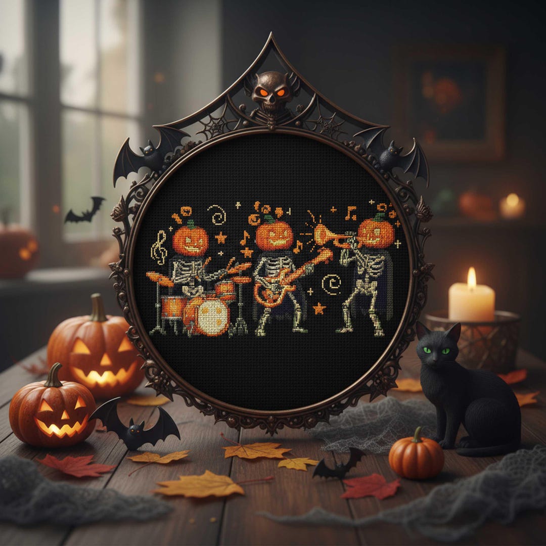 Pumpkin Skeleton Band Cross Stitch Pattern Halloween Embroidery PDF ...