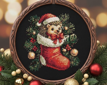 Christmas Hedgehog Cross Stitch Pattern: Holiday Animal Embroidery (PDF)