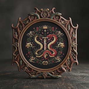 May include: A framed cross-stitch featuring a central design of two intertwined snakes flanking a sword, with a crown above. The design includes skulls, roses, and other decorative elements, set against a black background. The frame is ornate, with a dark wood finish.