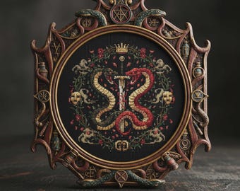 Medieval Snake Cross Stitch Pattern – Gothic Sword and Serpent Embroidery PDF with Crown, Masks, Dark Fantasy Floral Design