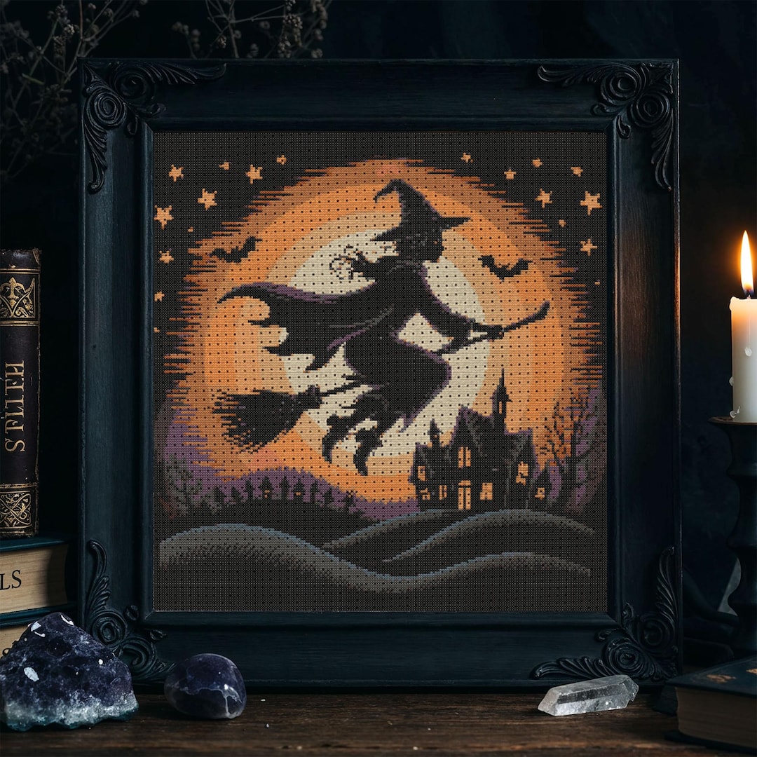 Gothic Flying Witch Castle Cross Stitch Pattern Gothic Halloween Witch ...