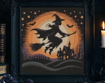 Gothic Flying Witch Castle Cross Stitch Pattern Gothic Halloween Witch Embroidery Spooky Haunted House Magic Halloween Cross Stitch PDF