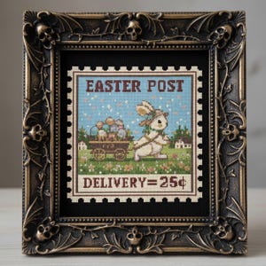 May include: Framed cross-stitch art featuring an Easter-themed postage stamp design. The stamp depicts a bunny pulling a cart of eggs, with the text "EASTER POST" and "DELIVERY=25¢". The frame is ornate with skull and floral details.