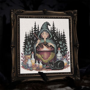 Gothic Witch Cauldron Cross Stitch Pattern Gothic Witch Halloween Embroidery Spooky Skeleton Magic Witch Forest Halloween Cross Stitch PDF