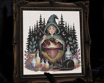Gothic Witch Cauldron Cross Stitch Pattern Gothic Witch Halloween Embroidery Spooky Skeleton Magic Witch Forest Halloween Cross Stitch PDF