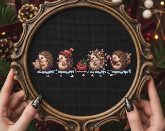 Festive Forest Hedgehog Cross Stitch Pattern: Christmas Tree Hat and Snowy Pines (PDF Embroidery)