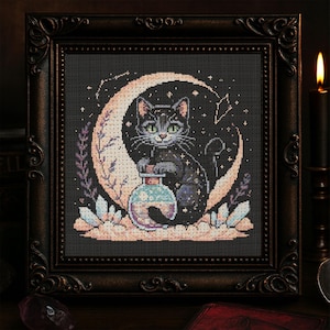 Fantasy Witch Cat Cross Stitch Pattern Halloween Mystical Witchy Cat Embroidery Pattern Gothic Spooky Cute Cat Halloween Cross Stitch PDF