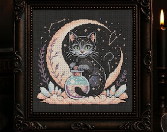 Fantasy Witch Cat Cross Stitch Pattern Halloween Mystical Witchy Cat Embroidery Pattern Gothic Spooky Cute Cat Halloween Cross Stitch PDF