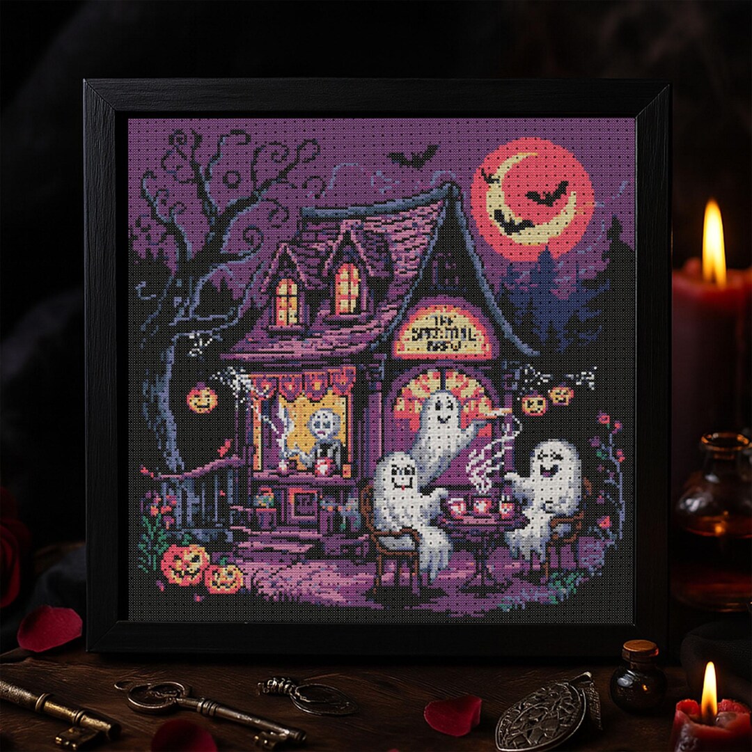 Haunted Ghost Café Cross Stitch Halloween Spooky Coffee Shop Embroidery ...