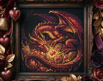 Modèle de point de croix Dragon de la Saint-Valentin : dragon fantastique avec broderie coeurs d'amour radieux (PDF)