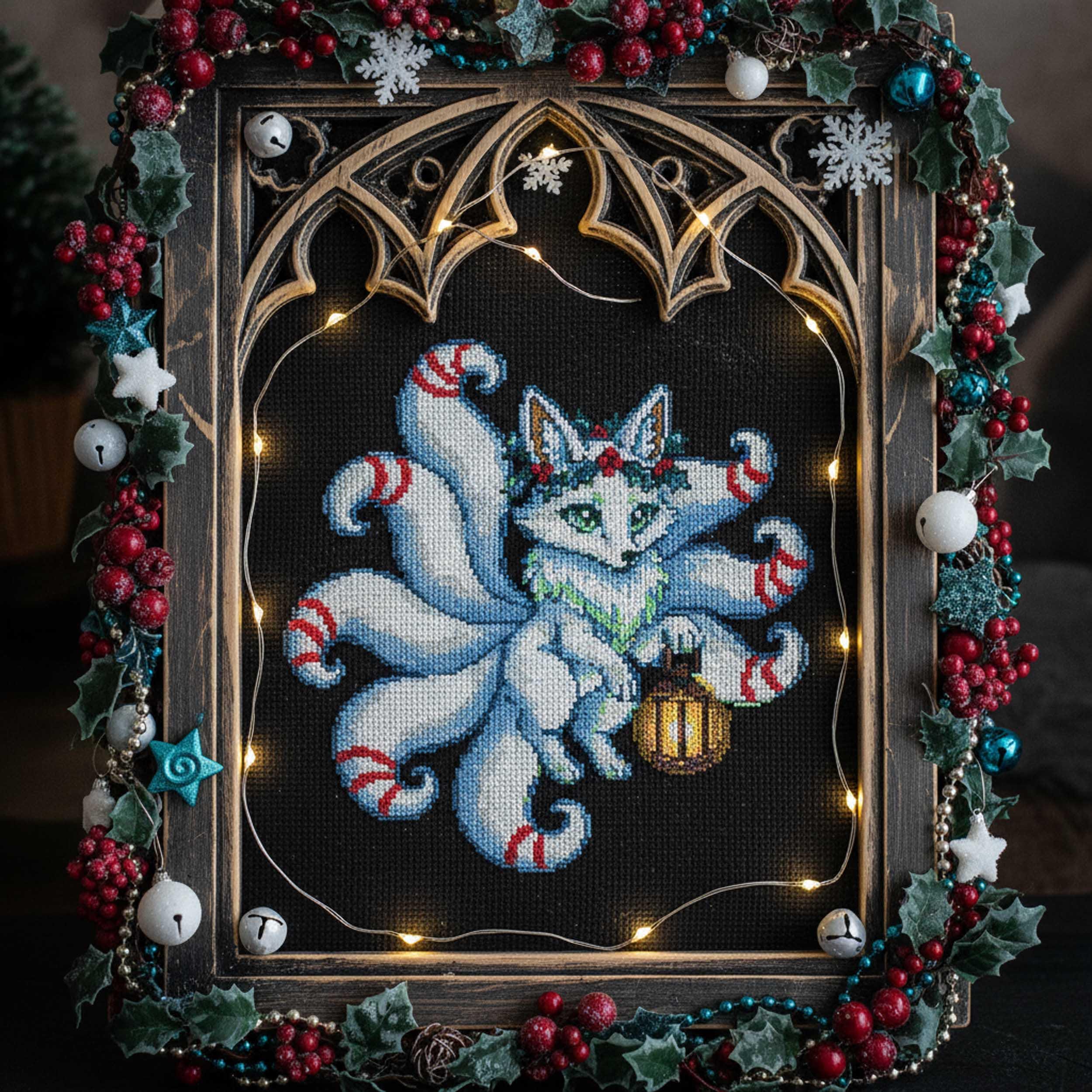 Winter Kitsune Cross Stitch Pattern Christmas Fox Embroidery PDF