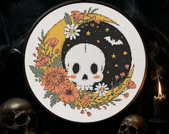 Skull Moon Cross Stitch Pattern Halloween Spooky Skull Embroidery Crescent Moon with Flowers Bats Stars Gothic Cute Horror Fantasy PDF