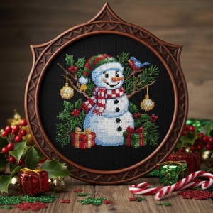 May include: A circular cross-stitch of a snowman in a red and white scarf and hat, with festive decorations. The artwork is framed in a dark brown wooden frame. The background features a wooden surface and Christmas-themed elements. Festive theme.