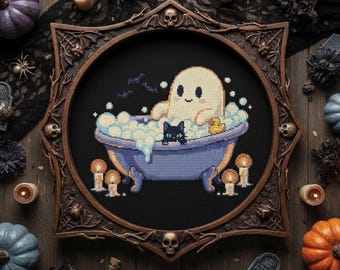May include: A framed cross-stitch featuring a cartoon ghost in a blue bathtub with bubbles, a black cat, and a rubber duck. The frame is dark brown with decorative elements. The background is black, and the overall theme is Halloween.