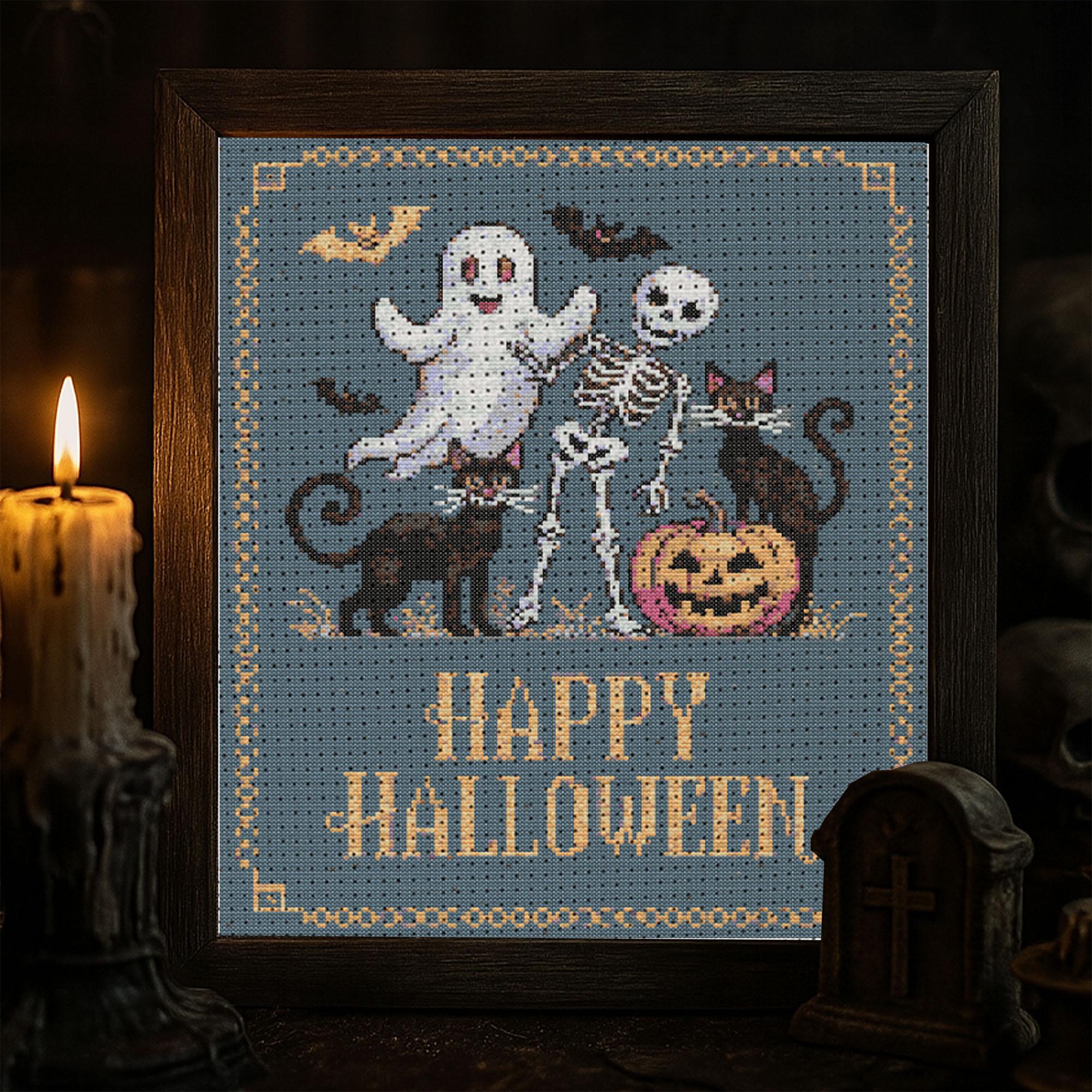 Happy Halloween Cross Stitch Pattern Spooky Cute Ghost Skeleton Cat ...