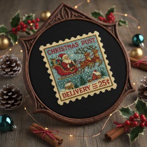 May include: A framed cross-stitch featuring a vintage Christmas postage stamp design. The stamp depicts Santa Claus in a sleigh pulled by reindeer, with the text "CHRISTMAS POST" and "DELIVERY 25¢". The frame is dark brown and ornate.