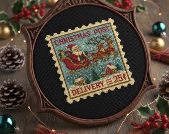Santa Sleigh Christmas Stamp Cross Stitch Pattern – Retro Holiday Postage Embroidery PDF