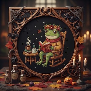 Puede incluir: Arte de punto de cruz de una rana leyendo un libro, con bufanda y suéter, en una mecedora. La obra está enmarcada en un marco de madera adornado con decoraciones de Halloween. Hojas de otoño, calabazas y velas completan la escena.
