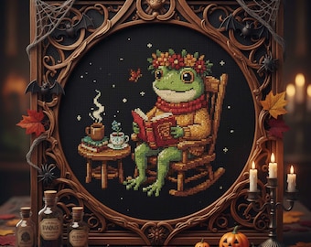 Cozy Frog Cross Stitch Pattern: Autumn Halloween Embroidery with Book, Tea and Pumpkins (PDF Pattern)