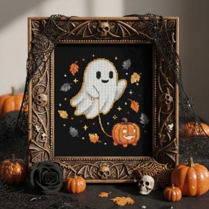 Sött spökekorsstygnsmönster: Halloweenbroderi med pumpaballong, höstlöv (PDF-mönster)