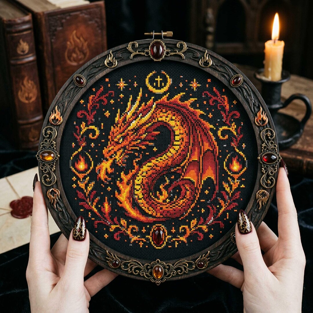 Fire Dragon Cross Stitch Pattern: Fiery Fantasy Dragon Gothic Mythical ...