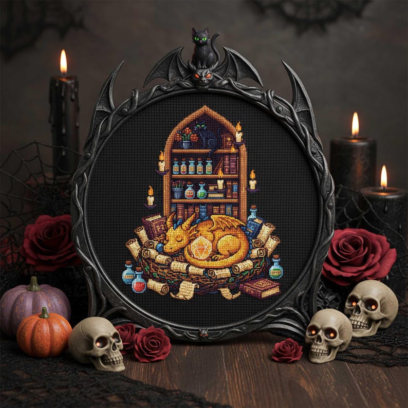 Golden Dragon Cross-Stitch Pattern PDF – Baby Dragon Sleeping in Library
A fantasy embroidery design of a golden baby dragon curled up in its nest, surrounded by glowing candles, potion bottles, scrolls, and bookshelves. A cozy gothic library atmosphere makes this cross-stitch perfect for dragon lovers and fantasy décor.
Fantasy Library Dragon Cross-Stitch PDF – Magical Embroidery Scene
This enchanted embroidery PDF features a golden dragon sleeping in front of a potion-filled bookshelf