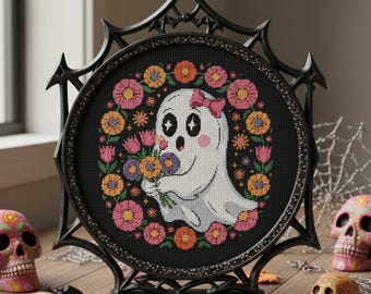 Cute Ghost Cross Stitch Pattern: Halloween Floral Wreath Embroidery Design with Flowers and Bow (PDF Pattern)