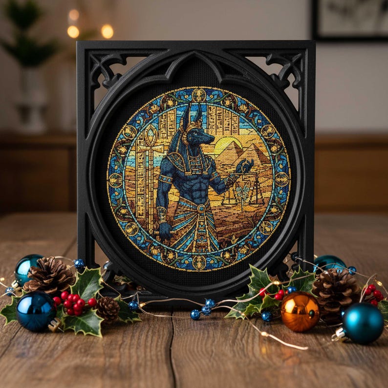 Egyptian Fantasy Cross Stitch Pattern Anubis Holding Scales, Pyramids ...