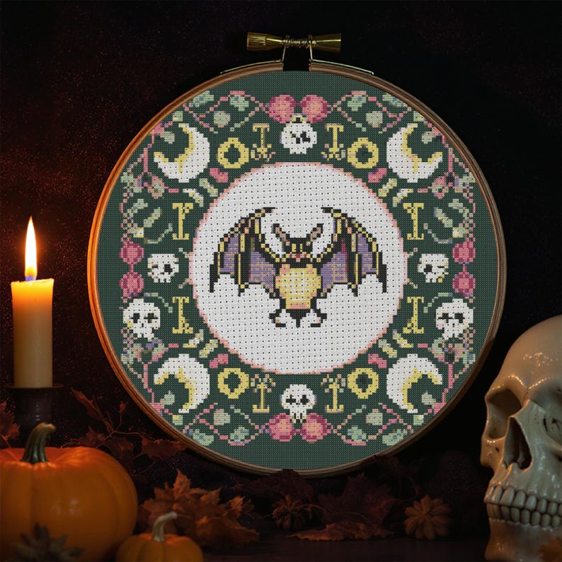 Gothic Bat Cross Stitch Pattern Halloween Spooky Skull Moon Embroidery ...