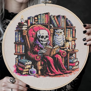Gothic Skeleton Librarian Cross Stitch Pattern Skeleton Reading Library Embroidery Spooky Horror Magic Dark Academia Halloween Cross Stitch