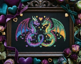 Modèle de point de croix dragon de la Saint-Valentin : couple de dragons colorés avec broderie coeur (PDF)
