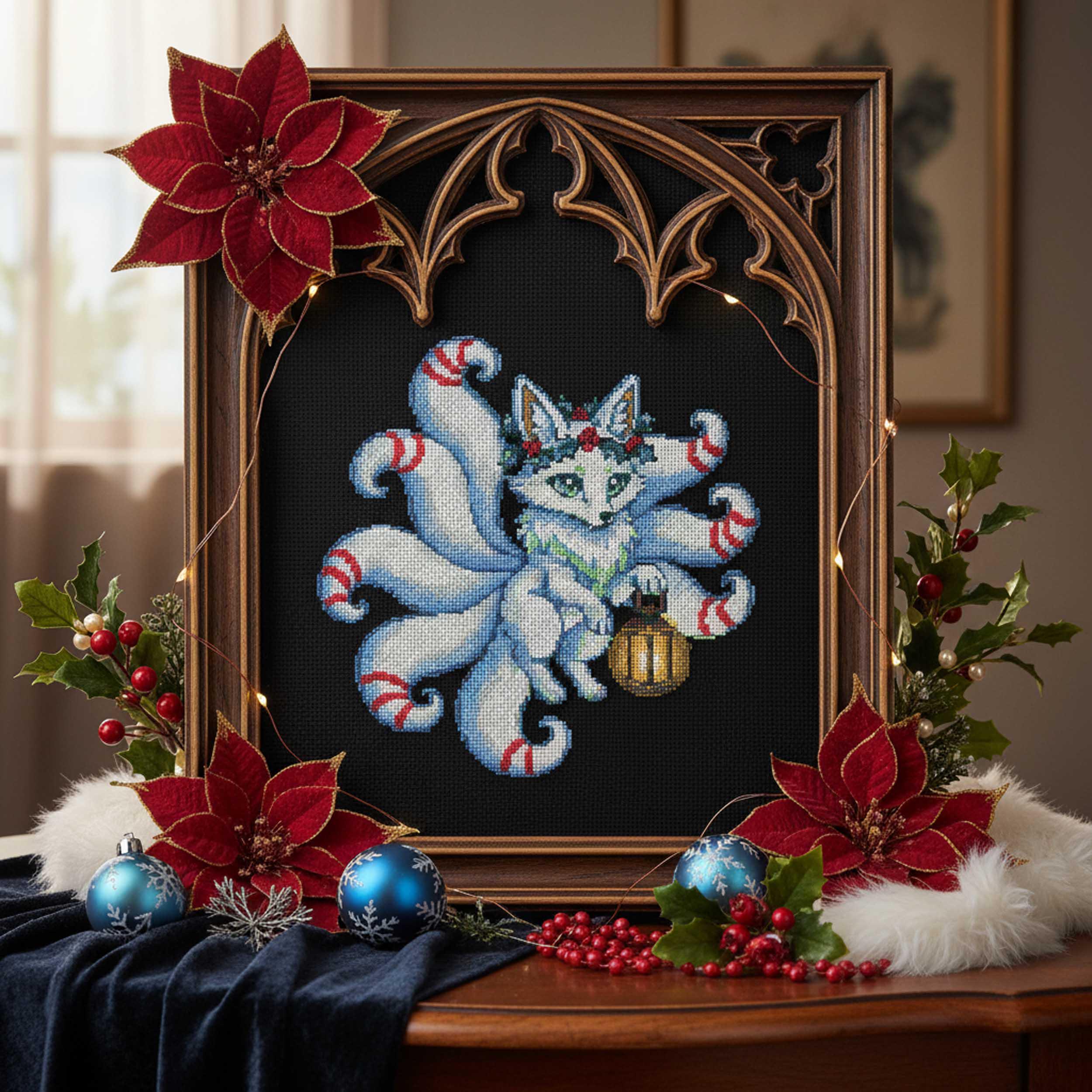 リネン製キツネ刺繍クリスマスストッキング Winter Kitsune Cross Stitch Pattern Christmas Fox Embroidery PDF