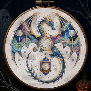 Celestial Red Dragon Cross Stitch Pattern Fantasy Dragon Clock Embroidery Gothic Clockwork Dragon Fantasy Halloween Cross Stitch PDF