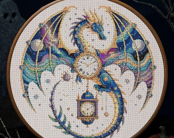 Celestial Red Dragon Cross Stitch Pattern Fantasy Dragon Clock Embroidery Gothic Clockwork Dragon Fantasy Halloween Cross Stitch PDF